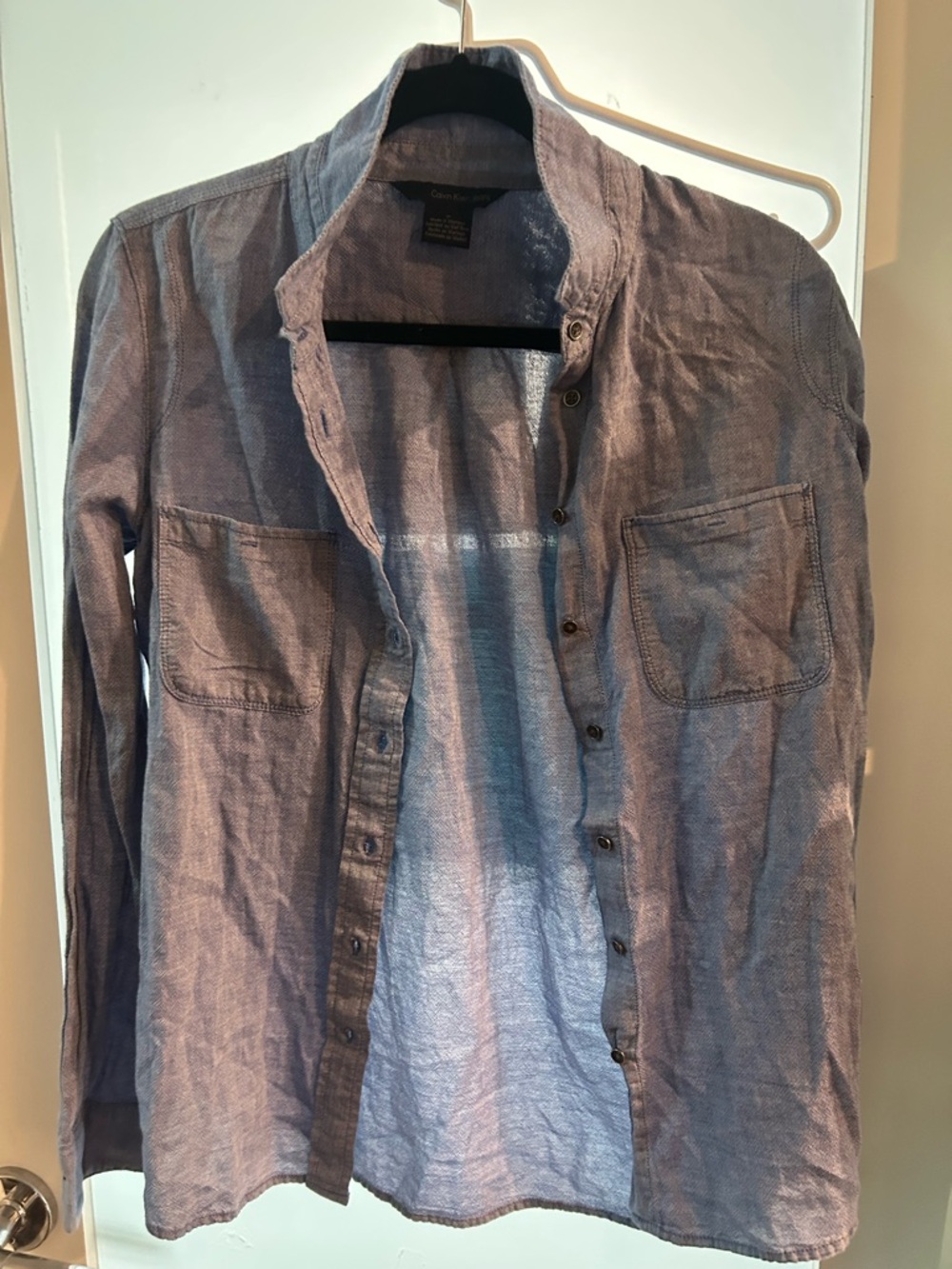 Calvin Klein Light Blue Button-Up Linen Blend Shirt medium